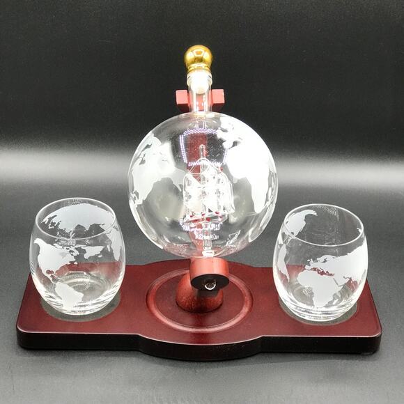 World Globe Liquor Decanter Set with Handmade Ship and 2 Barware Glasses 850 ML - Picture 2 of 14
